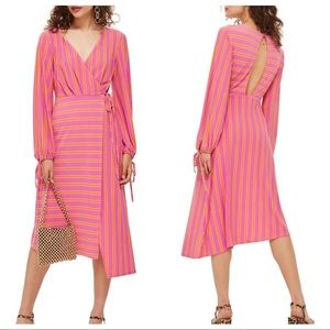 TopShop Midi Faux Wrap Asymmetrical Stripe Pink & Orange Dress Size 10